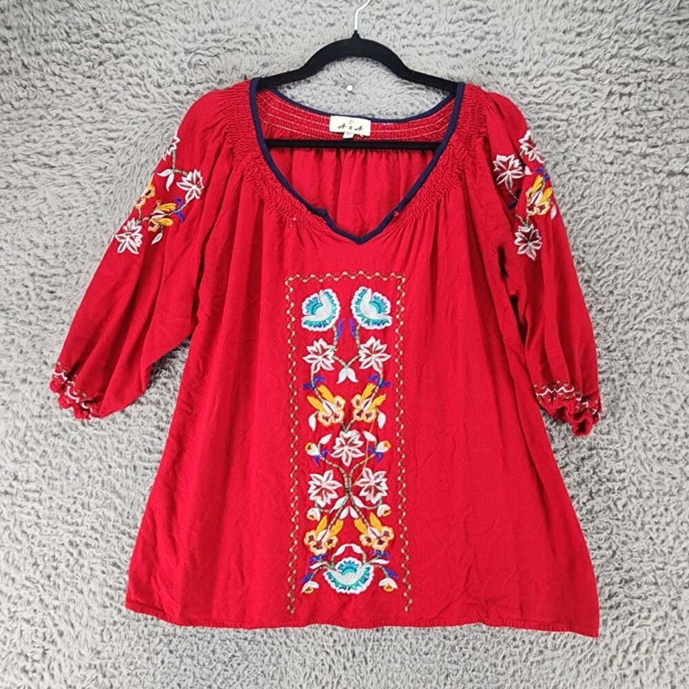 A&A Top Womens XL Red Floral Embroidered V Neck Peasant Blouse